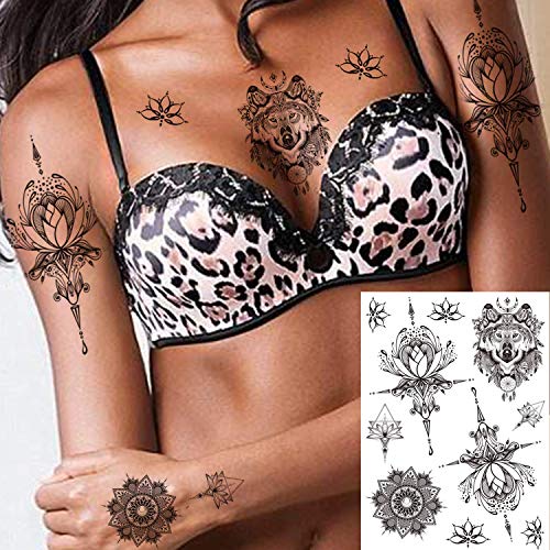 12 Sheets Black Henna Temporary Tattoos for Adults Women Girls, Feather Manda...