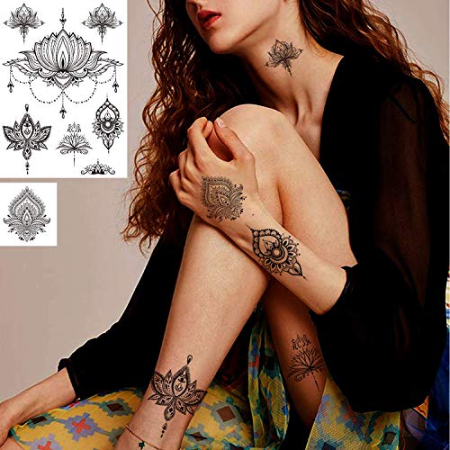 12 Sheets Black Henna Temporary Tattoos for Adults Women Girls, Feather Manda...