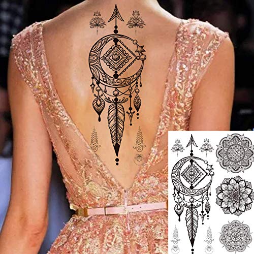 12 Sheets Black Henna Temporary Tattoos for Adults Women Girls, Feather Manda...