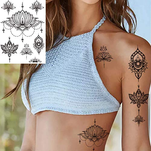 12 Sheets Black Henna Temporary Tattoos for Adults Women Girls, Feather Manda...