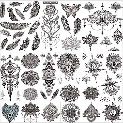 12 Sheets Black Henna Temporary Tattoos for Adults Women Girls, Feather Manda...