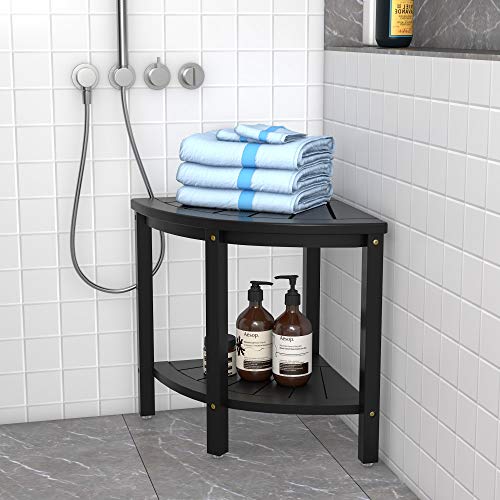 Bamboo Corner Shower Stool Bench Waterproof - with Storage Shelf for Shaving ...