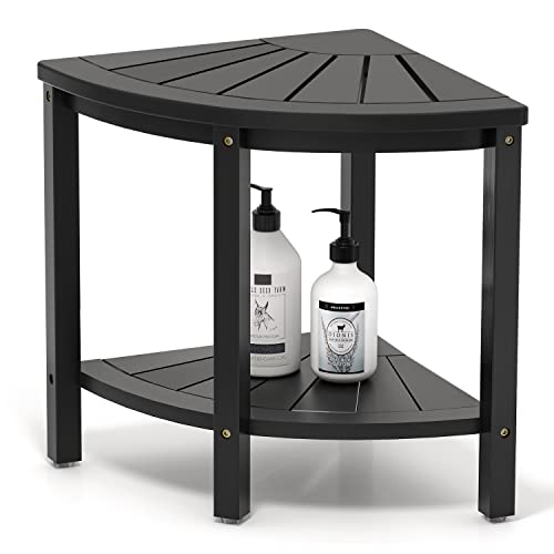 Bamboo Corner Shower Stool Bench Waterproof - with Storage Shelf for Shaving ...