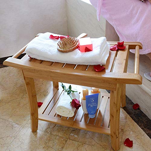 Zhuoyue Bamboo Spa Bath Shower Stool & Bench with Storage Shelf, Shower Bath ...