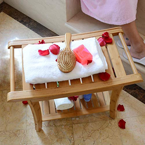 Zhuoyue Bamboo Spa Bath Shower Stool & Bench with Storage Shelf, Shower Bath ...