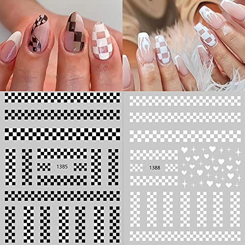 6 Sheets Plaid Nail Art Stickers 3D Self Adhesive Color Checkerboard Love Hea...