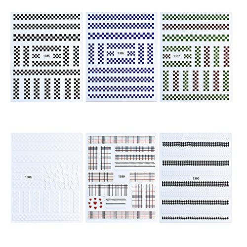 6 Sheets Plaid Nail Art Stickers 3D Self Adhesive Color Checkerboard Love Hea...