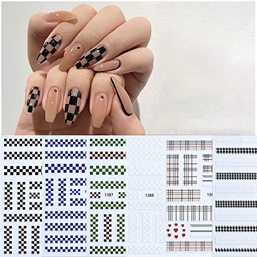 6 Sheets Plaid Nail Art Stickers 3D Self Adhesive Color Checkerboard Love Hea...