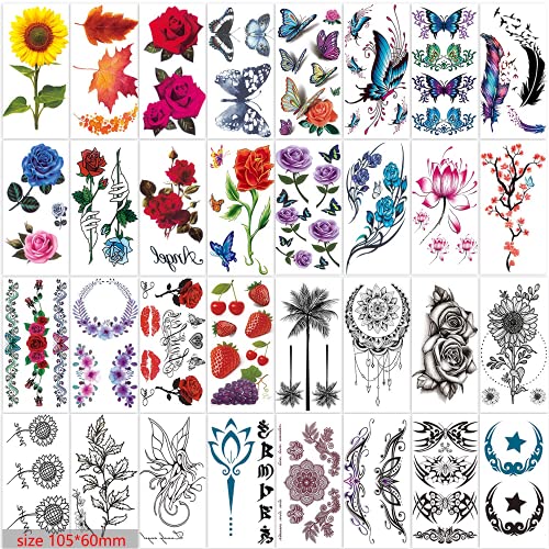 42 Sheets Flowers Temporary Tattoos Stickers, Roses, Butterflies and Multi-Co...