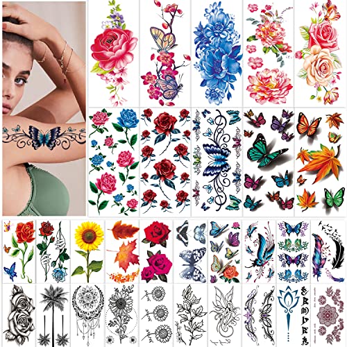 42 Sheets Flowers Temporary Tattoos Stickers, Roses, Butterflies and Multi-Co...