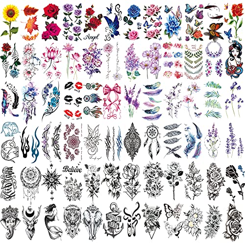 72 Sheets Temporary Tattoos for Women and Girls, Flower Tattoo Temporary, But...