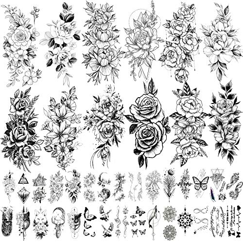 Zomme 42 Sheets 3D Flowers Temporary Tattoos for Women,Fake Tattoos Body Art ...