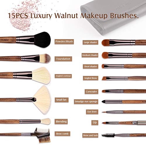 ZOREYA Makeup Brush Sets ,15pcs Unique Walnut Makeup Brushes with Nobility,Pr...