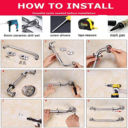 2 Pack 16 Inch Anti Slip Shower Grab Bar Handle, ZUEXT Chrome Stainless Steel...