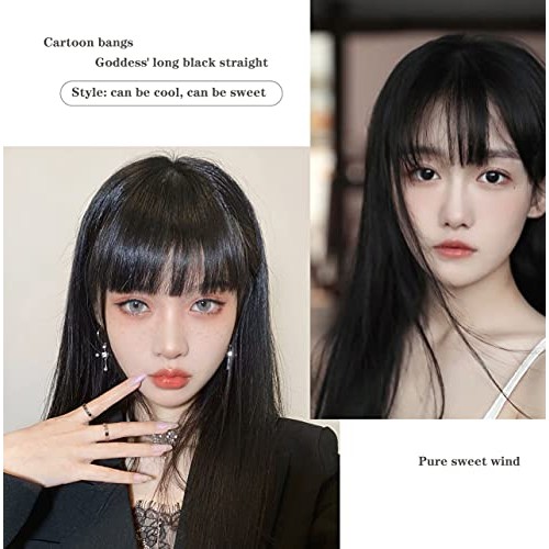 Long Black Wig with Bangs Wigs for Women Black Heat Resistant Fiber Hair ，Na...