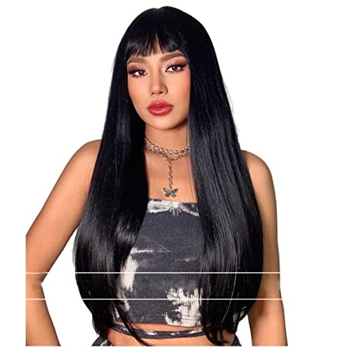 Long Black Wig with Bangs Wigs for Women Black Heat Resistant Fiber Hair ，Na...
