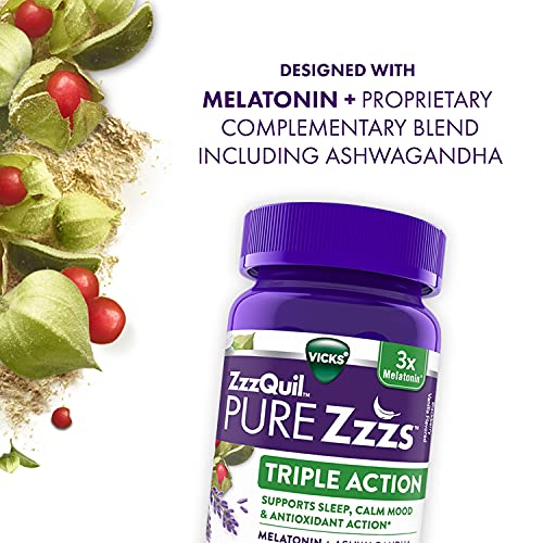 ZzzQuil PURE Zzzs, Triple Action Gummy, 3x Melatonin Sleep-Aid with Ashwagand...