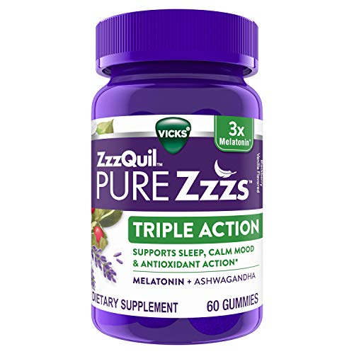 ZzzQuil PURE Zzzs, Triple Action Gummy, 3x Melatonin Sleep-Aid with Ashwagand...